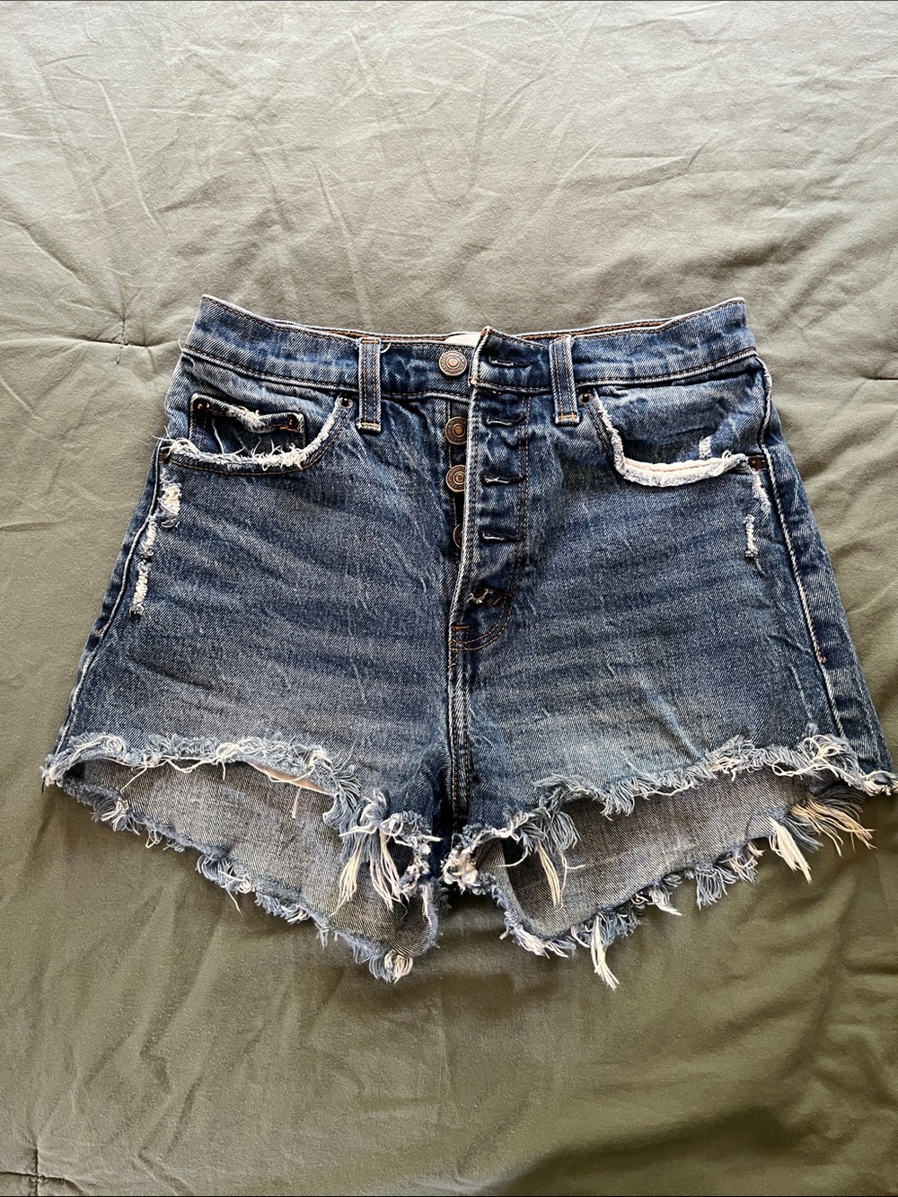 Abercrombie & Fitch Dark Blue Distressed Button-Fly Denim Shorts